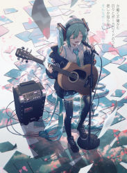 Rule 34 | 1girl, absurdres, amplifier, backlighting, bare shoulders, black footwear, black jacket, black skirt, black thighhighs, blue hair, blue nails, blue necktie, blue sky, cable, character name, closed eyes, clothes writing, cloud, cloudy sky, collared shirt, commentary, electric guitar, eyelashes, facing viewer, fingernails, flat chest, from above, full body, glint, guitar, hair between eyes, halftone, happy, hatsune miku, headphones, highres, instrument, jacket, konya karasue, light particles, light smile, long hair, microphone, microphone stand, music, nail polish, necktie, open clothes, open jacket, open mouth, paint, paint splatter, paper, pleated skirt, shadow, shirt, shoes, singing, skindentation, skirt, sky, sneakers, solo, standing, thighhighs, too many, too many papers, translated, twintails, very long hair, vocaloid, white shirt, zettai ryouiki, zipper