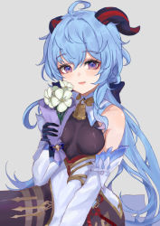 Rule 34 | 1girl, ahoge, bare shoulders, bell, black gloves, blue hair, blush, bouquet, breasts, detached sleeves, flower, ganyu (genshin impact), genshin impact, gloves, grey background, highres, holding, holding bouquet, horns, long hair, looking at viewer, maria (syake-uni), medium breasts, neck bell, parted lips, purple eyes, qingxin flower, sidelocks, smile, solo, white flower, white sleeves