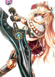Rule 34 | 1girl, aqua eyes, backlighting, black gloves, black thighhighs, blonde hair, boots, capelet, eyepatch, flower, gloves, hair flower, hair ornament, highres, huge weapon, long hair, looking at viewer, midriff, navel, open clothes, open mouth, open vest, original, shirt, simple background, skirt, smile, solo, sword, thigh boots, thighhighs, tiara, umagenzin, very long hair, vest, weapon, zettai ryouiki