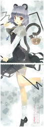 Rule 34 | 1girl, animal, animal ears, basket, blush, capelet, crease, dowsing rod, dress, full body, gradient background, grey dress, grey hair, highres, jewelry, long sleeves, mouse (animal), mouse ears, mouse tail, nazrin, necklace, non-web source, open mouth, red eyes, scan, scan artifacts, shoes, short hair, smile, socks, solo, tail, text focus, touhou, ueda ryou, upskirt, white socks