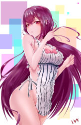 Rule 34 | 1girl, 1yen, absurdres, apron, blush, breasts, checkered background, cleavage, fate/grand order, fate (series), hair between eyes, highres, long hair, looking at viewer, medium breasts, naked apron, purple hair, red eyes, scathach (fate), scathach skadi (fate), solo, thighs, very long hair