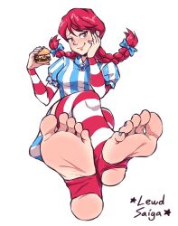 Rule 34 | 1girl, absurdres, barefoot, blue ribbon, burger, feet, foot focus, freckles, hair ribbon, highres, lewdsaiga, long hair, looking at viewer, nail polish, product girl, red hair, ribbon, sitting, smile, soles, solo, stirrup legwear, striped clothes, striped thighhighs, thighhighs, toeless legwear, toes, twintails, wendy&#039;s, wendy (wendy&#039;s)