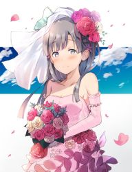 Rule 34 | 1girl, bad id, bad twitter id, bare shoulders, black hair, blunt bangs, blush, bouquet, breasts, bridal veil, bride, cleavage, closed mouth, cloud, cowboy shot, dress, elbow gloves, floral print, flower, gloves, grey eyes, hair flower, hair ornament, happy tears, holding, holding flower, idolmaster, idolmaster cinderella girls, kobayakawa sae, lace, lace-trimmed gloves, lace trim, long hair, looking at viewer, medium breasts, petals, pink dress, pink flower, pink gloves, pink rose, pink wedding dress, red flower, red rose, rose, simple background, sky, sleeveless, sleeveless dress, smile, solo, straight hair, strapless, strapless dress, tearing up, tears, ultone (neisiss), veil, wedding dress, white flower, white rose