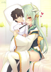Rule 34 | 1girl, aqua hair, artist name, bed sheet, blurry, blush, brown eyes, character print, command spell, commentary request, dakimakura (object), depth of field, fate/grand order, fate (series), female pervert, fujimaru ritsuka (male), hair ornament, heart, horns, indoors, japanese clothes, kimono, kiyohime (fate), long hair, long sleeves, looking at viewer, minamura haruki, mouth hold, no panties, obi, hugging object, on bed, pelvic curtain, pervert, pillow, pillow hug, revision, room, sash, sitting, smile, solo, thighhighs, twitter username, white thighhighs, wide sleeves, yellow eyes