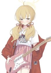 Rule 34 | 1girl, absurdres, ahoge, bandaid, bandaid on hand, blonde hair, blue archive, blush, coat, electric guitar, guitar, hair ribbon, halo, highres, holding, holding guitar, holding instrument, instrument, logo, looking at viewer, official alternate costume, pink skirt, pleated skirt, print shirt, red coat, ribbon, sangria, shirt, simple background, skirt, solo, sweatdrop, twintails, white background, white shirt, yoshimi (band) (blue archive), yoshimi (blue archive)