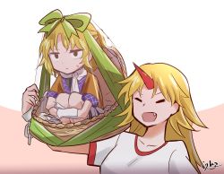 Rule 34 | 2girls, annoyed, arm warmers, artist name, basket, blonde hair, bow, brown robe, carrying, chain, closed eyes, collarbone, cuffs, expressionless, fang, green bow, green ribbon, highres, horn, hoshiguma yuugi, izha (seisfleur), knees up, long hair, mizuhashi parsee, multiple girls, neckwear request, open mouth, plastic wrap, ribbon, robe, scarf, shackles, shirt, short hair, short sleeves, simple background, sitting, sweat, touhou, white neckwear, white scarf, white shirt