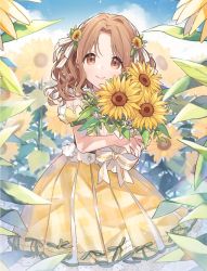 Rule 34 | 1girl, bouquet, bow, brown eyes, brown hair, chiri (ch!), closed mouth, collared dress, cowboy shot, day, dress, floral background, flower, green ribbon, hair flower, hair ornament, hair ribbon, hands up, holding, holding bouquet, ichikawa hinana, idolmaster, idolmaster shiny colors, long hair, looking at viewer, outdoors, parted bangs, pleated dress, puffy short sleeves, puffy sleeves, ribbon, see-through, see-through sleeves, short sleeves, smile, solo, standing, sunflower, wavy hair, white bow, white flower, white ribbon, yellow dress, yellow flower