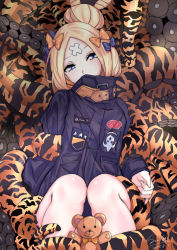 Rule 34 | 1girl, abigail williams (fate), abigail williams (traveling outfit) (fate), bandaid, bandaid on face, black jacket, blonde hair, blue bow, blue eyes, bow, fate/grand order, fate (series), hair bow, hair bun, heroic spirit traveling outfit, highres, jacket, long sleeves, looking at viewer, official alternate costume, orange bow, parted bangs, single hair bun, sitting, solo, stuffed animal, stuffed toy, sui (aa6281809), teddy bear