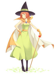 Rule 34 | 1girl, bad id, bad pixiv id, boots, breasts, brown eyes, cape, dragon quest, dragon quest iii, dress, full body, gloves, green dress, hand on own hip, hat, high heel boots, high heels, looking to the side, mage (dq3), red hair, simple background, small breasts, smile, solo, staff, white background, witch hat, yaya (tempering)