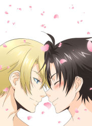 Rule 34 | 2boys, black hair, blonde hair, blue eyes, blush, cherry blossoms, couple, eiyuu densetsu, eyelashes, closed eyes, falcom, forehead-to-forehead, heads together, jusis albarea, looking at another, male focus, multiple boys, petals, profile, rean schwarzer, sen no kiseki, short hair, simple background, smile, spiked hair, white background, yaoi