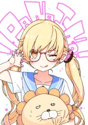 1girl ;p azuma_sawayoshi bakemonogatari blonde_hair blue_sailor_collar claw_pose collarbone commentary_request doughnut_hair_ornament earrings food-themed_hair_ornament glasses hair_ornament highres holding holding_stuffed_toy jewelry long_hair monogatari_(series) one_eye_closed oshino_shinobu red-framed_eyewear sailor_collar school_uniform single_earring solo stuffed_animal stuffed_lion stuffed_toy tongue tongue_out twintails yellow_eyes