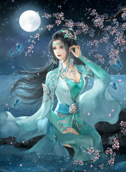 Rule 34 | 1girl, absurdres, artist request, black hair, blue eyes, branch, bug, butterfly, closed mouth, doupo cangqiong, dress, earrings, flower, glowing butterfly, green dress, hand in own hair, hand on own leg, highres, insect, jewelry, long hair, looking to the side, moon, night, second-party source, sitting, solo, tassel, tassel earrings, upper body, water, yun yun (doupo cangqiong)