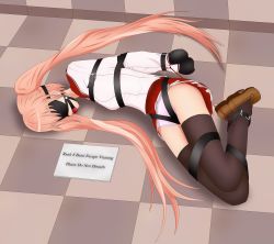 Rule 34 | 1girl, arms behind back, bad deviantart id, bad id, ball gag, bdsm, blindfold, bondage, bondage mittens, bound, breasts, crotch rope, gag, gagged, harness gag, hidan no aria, highres, kagyakusetsu, kanzaki h. aria, long hair, lying, on floor, on side, panties, pink hair, underwear, wrists to ankles
