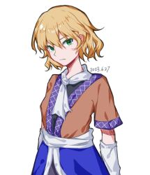 Rule 34 | 1girl, arm warmers, black shirt, blonde hair, brown jacket, chinese commentary, closed mouth, commentary request, green eyes, hair between eyes, highres, jacket, mizuhashi parsee, sanwanbaqiannian, scarf, shirt, short hair, short sleeves, simple background, solo, touhou, upper body, wavy hair, white background, white scarf