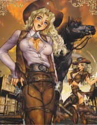 Rule 34 | 1girl, blonde hair, boots, breasts, canopri comic, cigar, clone, cowboy boots, cowboy hat, cowboy shot, fringe trim, gun, hat, highres, juliona trans, juriona trans, large breasts, leather, looking at viewer, open mouth, shirou masamune, spurs, weapon, cowboy western, wild wet west