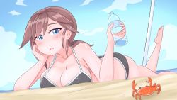 Rule 34 | 1girl, animal, bare arms, bare shoulders, barefoot, beach, bikini, black bikini, blue eyes, bottle, breasts, brown hair, cheek rest, cleavage, cloud, collarbone, commentary, crab, day, english commentary, halterneck, halterneck, hands up, highres, holding, holding bottle, kay yu, large breasts, long hair, looking at viewer, low ponytail, lying, on stomach, original, outdoors, parted lips, samantha (admiral bahroo), sand, sky, solo, swimsuit, thighs