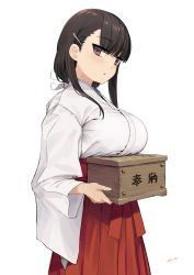 Rule 34 | 1girl, box, breasts, brown eyes, brown hair, closed mouth, copyright request, donation box, hair ornament, hairclip, hakama, highres, holding, holding box, japanese clothes, kaedeko (kaedelic), large breasts, long sleeves, looking at viewer, medium breasts, miko, red hakama, simple background, solo, white background, wide sleeves