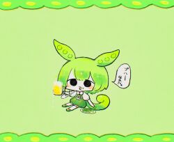 Rule 34 | 1girl, alcohol, beer, beer mug, black eyes, blush, chibi, commentary, cup, edamame, food, green background, green footwear, green hair, green shorts, green theme, holding, holding cup, holding food, long hair, looking at viewer, mug, open mouth, pankichi anko, plate, puff of air, puffy short sleeves, puffy sleeves, shirt, short sleeves, shorts, simple background, sitting, solo, speech bubble, suspender shorts, suspenders, translation request, voiceroid, voicevox, white shirt, wide shot, zundamon