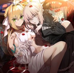 Rule 34 | 2girls, ahoge, aora, artoria pendragon (all), artoria pendragon (fate), bad id, bad twitter id, bikini, black dress, blonde hair, bracelet, braid, breasts, cleavage, collarbone, commentary request, couch, criss-cross halter, dress, fate/grand order, fate (series), food, food on face, french braid, green eyes, hair ribbon, halterneck, hand on another&#039;s shoulder, holding, holding food, jewelry, large breasts, looking at viewer, multiple girls, navel, nero claudius (fate), nero claudius (fate) (all), nero claudius (swimsuit caster) (fate), nero claudius (swimsuit caster) (third ascension) (fate), pearl bracelet, petals, pillow, ribbon, rose petals, saber alter, signature, swimsuit, yellow eyes