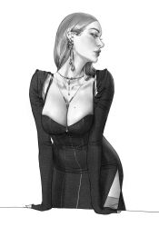 Rule 34 | 1girl, absurdres, arm support, b66wt, breasts, cleavage, collarbone, cowboy shot, detached sleeves, dress, drop earrings, earrings, full-length zipper, greyscale, hair pulled back, highres, jewelry, large breasts, lipgloss, lips, long eyelashes, long hair, long sleeves, looking to the side, makeup, mascara, mole, mole on breast, monochrome, multiple earrings, multiple necklaces, original, parted lips, pendant, profile, realistic, side slit, simple background, sleeveless, sleeveless dress, sleeves past wrists, solo, straight hair, tight clothes, tight dress, turning head, white background, zipper, zipper dress