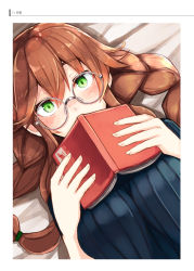 Rule 34 | 10s, 1girl, absurdres, arms at sides, bed sheet, bespectacled, blush, book, braid, breasts, brown hair, cleavage, close-up, covered mouth, covering own mouth, dutch angle, ear blush, from above, glasses, green eyes, grey-framed eyewear, hair between eyes, hair flaps, hands up, highres, holding, holding book, kantai collection, large breasts, long hair, looking at viewer, lying, nose blush, noshiro (kancolle), on back, open book, plan (planhaplalan), ribbed sweater, round eyewear, solo, sweater, twin braids