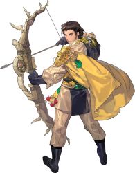 Rule 34 | 1boy, arrow (projectile), back, beard, bow (weapon), brown hair, capelet, claude von riegan, earrings, facial hair, failnaught (weapon), fire emblem, fire emblem: three houses, full body, gloves, green eyes, heroes relic (fire emblem), highres, holding, holding weapon, jewelry, kurahana chinatsu, male focus, nintendo, official art, aged up, solo, weapon, white background