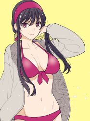 Rule 34 | 1girl, absurdres, bikini, black hair, breasts, earrings, grey jacket, hairband, highres, jacket, jewelry, long hair, long sleeves, looking at viewer, medium breasts, red bikini, red eyes, red hairband, smile, spy x family, swimsuit, takehide, yellow background, yor briar