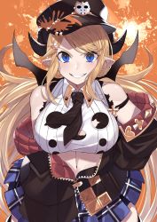 Rule 34 | 1girl, absurdres, bare shoulders, black hat, black horns, black necktie, black wings, blonde hair, blue eyes, blue skirt, blush, breasts, collared shirt, commentary request, cowboy shot, draph, granblue fantasy, grin, hair ornament, hallessena, hand on own hip, hat, highres, horns, huge filesize, jacket, kameno sachi, large breasts, leaning forward, long hair, long sleeves, looking at viewer, mini wings, miniskirt, necktie, off-shoulder jacket, off shoulder, open clothes, open jacket, orange background, pleated skirt, pointy ears, shirt, short necktie, skirt, smile, solo, twintails, very long hair, virtual youtuber, white shirt, wings
