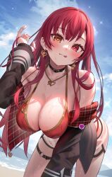 Rule 34 | 1girl, :q, beach, bent over, bikini, black collar, black jacket, blue sky, breasts, cloud, collar, day, dodota, earrings, fingernails, heart, heart-shaped pupils, heart earrings, heart necklace, heterochromia, highres, hololive, houshou marine, houshou marine (summer), jacket, jewelry, large breasts, long hair, long sleeves, looking at viewer, nail polish, necklace, ocean, outdoors, red bikini, red eyes, red hair, red nails, sand, sky, solo, swimsuit, symbol-shaped pupils, tongue, tongue out, virtual youtuber, wet