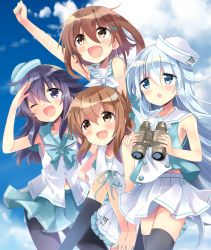 Rule 34 | 4girls, absurdres, akatsuki (kancolle), arm up, armpit crease, armpits, binoculars, black hair, blue eyes, blue headwear, blue sky, blush, brown eyes, brown hair, casual, cloud, collarbone, commentary request, cowboy shot, day, dixie cup hat, dress, fang, folded ponytail, hair between eyes, hat, hibiki (kancolle), highres, hizuki yayoi, ikazuchi (kancolle), inazuma (kancolle), kantai collection, long hair, military hat, multiple girls, navel, one eye closed, open mouth, outdoors, pleated skirt, purple eyes, sailor collar, sailor shirt, shirt, short hair, silver hair, skirt, sky, sleeveless, sleeveless dress, smile, white headwear, white skirt