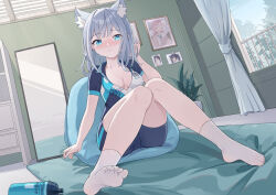 Rule 34 | 1girl, animal ear fluff, animal ears, blue archive, blue eyes, blush, breasts, closed mouth, collarbone, drawing (object), grey hair, highres, hoshino (blue archive), medium breasts, medium hair, mirror, mismatched pupils, plant, potted plant, serika (blue archive), shiroko (blue archive), shiroko (cycling) (blue archive), short sleeves, socks, solo, white socks, wolf ears, yansuiyuluo