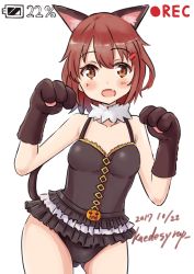Rule 34 | 1girl, alternate costume, animal ears, animal hands, black leotard, brown eyes, brown hair, cat ears, cat tail, cowboy shot, dated, fang, frilled leotard, frills, gloves, hair ornament, hairclip, highres, ikazuchi (kancolle), jack-o&#039;-lantern, kaede shiroppu, kantai collection, leotard, looking at viewer, paw gloves, paw pose, recording, short hair, simple background, solo, tail, twitter username, white background