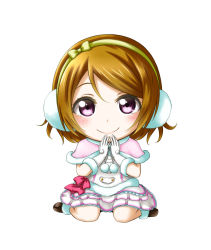 Rule 34 | 10s, 1girl, bow, brown hair, capelet, chibi, earmuffs, elbow gloves, fur-trimmed gloves, fur trim, gloves, highres, koizumi hanayo, kuena, love live!, love live! school idol project, pink bow, pom pom (clothes), purple eyes, short hair, simple background, sitting, smile, snow halation, solo, wariza, white background, white gloves