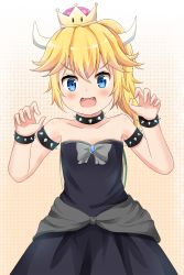 Rule 34 | 1girl, :d, aged down, armlet, bare shoulders, black dress, blonde hair, blue eyes, blush, bowsette, bracelet, collar, collarbone, commentary request, crown, dress, fangs, hair between eyes, hands up, highres, horns, jewelry, koyuki (azumaya999), long hair, mario (series), mini crown, new super mario bros. u deluxe, nintendo, open mouth, smile, solo, spiked armlet, spiked bracelet, spiked collar, spikes, strapless, strapless dress, super crown, turtle shell