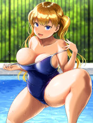 Rule 34 | 1girl, bare shoulders, blonde hair, blue eyes, bluh, breasts, cleavage, clothes pull, collarbone, female focus, gluteal fold, highres, large breasts, long hair, one-piece swimsuit, one-piece swimsuit pull, open mouth, original, outdoors, pool, pulled by self, school swimsuit, shiina nami, solo, strap pull, swimsuit, thick thighs, thighs, water, water drop, wet, wet clothes, wet swimsuit