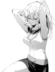 Rule 34 | 1girl, aoki (fumomo), armpits, arms behind head, arms up, breasts, closed mouth, commentary, duel academy uniform (yu-gi-oh! gx), greyscale, long hair, medium breasts, monochrome, ponytail, school uniform, simple background, sitting, skirt, sleeveless, solo, tenjouin asuka, white background, yu-gi-oh!, yu-gi-oh! gx