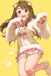 Rule 34 | 1girl, ahoge, animal ear fluff, animal ears, animal hands, blush, brown hair, emu (emum), fur-trimmed shirt, fur trim, gloves, hands up, highres, idolmaster, idolmaster million live!, idolmaster million live! theater days, long hair, looking at viewer, miyao miya, neck bell, neck ribbon, open mouth, paw gloves, paw print, paw print background, paw shoes, pink ribbon, pink skirt, ribbon, shirt, shoes, simple background, skirt, smile, solo, teeth, thick eyebrows, thighs, tongue, upper teeth only, yellow background