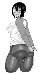 Rule 34 | 1girl, ass, bad id, bad pixiv id, blush, borrowed character, breasts, cropped legs, curvy, denim, female focus, gigi-chan, greyscale, grin, highres, huge ass, jeans, large breasts, looking at viewer, monochrome, original, pants, pantylines, plump, sharp teeth, short hair, simple background, smile, solo, synecdoche, teeth, thick thighs, thighs, white background, wide hips