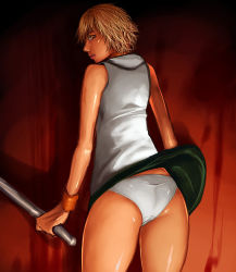 Rule 34 | 1girl, blonde hair, commentary request, heather mason, jacket, konami, looking at viewer, panties, sawao, short hair, silent hill, silent hill (series), silent hill 3, sleeveless, solo, turtleneck, underwear