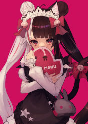 Rule 34 | 1girl, animal bag, animal ear fluff, animal ears, apron, bag, bell, black apron, black hair, bow, cat ears, cat girl, cat tail, commentary request, covered mouth, double bun, dress, hair bell, hair bow, hair bun, hair ornament, highres, jingle bell, long hair, long sleeves, looking at viewer, multicolored hair, nijisanji, puffy long sleeves, puffy sleeves, purple background, red bow, red eyes, red hair, shoulder bag, sleeves past wrists, solo, split-color hair, streaked hair, tail, tail bell, tail bow, tail ornament, toima (beat0829), twintails, two-tone hair, very long hair, virtual youtuber, white dress, white hair, yorumi rena, yorumi rena (5th costume)