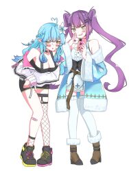 Rule 34 | 2girls, ahoge, arms under breasts, bandaid, bandaid on leg, bare shoulders, belt, black choker, black corset, black footwear, black shorts, black tank top, blue coat, blue hair, blue skirt, blush, boots, braid, breasts, brown belt, brown footwear, cellphone, center frills, choker, coat, colored tips, commentary request, corset, cosplay, costume switch, covering navel, fangs, fishnet thighhighs, fishnets, flower, frilled shirt, frilled skirt, frilled thighhighs, frills, full body, fur-trimmed boots, fur-trimmed coat, fur trim, green eyes, hair flower, hair ornament, hairclip, half updo, heart, heart ahoge, high heel boots, high heels, highres, hololive, jacket, large breasts, leaning forward, leather belt, long hair, long sleeves, looking at another, looking at viewer, miniskirt, multicolored hair, multiple girls, nervous sweating, o-ring, o-ring choker, off shoulder, ojou-sama pose, phone, pleated skirt, pointy ears, purple hair, shirt, shoes, shorts, side braid, sidelocks, simple background, single thighhigh, skirt, sleeveless, sleeveless shirt, smug, sneakers, snowflake print, streaked hair, sweat, sweatdrop, tank top, thigh strap, thighhighs, tokoyami towa, tokoyami towa (1st costume), twintails, underbust, very long hair, virtual youtuber, white background, white jacket, white shirt, white thighhighs, yellow eyes, yubi pen, yukihana lamy, yukihana lamy (1st costume), zettai ryouiki