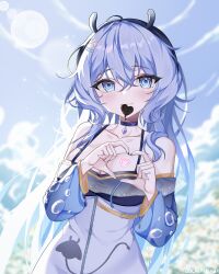 Rule 34 | 1girl, artist name, black choker, blue eyes, blue hair, blurry, blurry background, breasts, bubble, candy, chocolate, chocolate heart, choker, cleavage, collarbone, flower, food, food in mouth, gachumacha, grey nails, hair between eyes, hair ornament, hair over shoulder, heart, heart hands, highres, indie virtual youtuber, large breasts, long hair, manta ray girl, meadow, medium breasts, rei stingray, sky, solo, stingray, virtual youtuber, white flower, x hair ornament, zipper