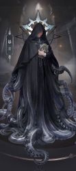 Rule 34 | 1boy, arrodes (lord of the mysteries), black cloak, chair, chinese commentary, chinese text, cloak, commentary request, hidden eyes, highres, holding, holding mirror, klein moretti, lord of the mysteries, male focus, mirror, official art, pillar, robe, smile, symbol, symbolism, table, tentacles, tentacles under clothes, translation request