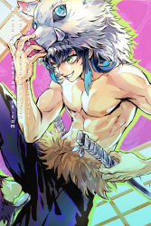 Rule 34 | 1boy, abs, arm up, blue hair, blue pants, boar mask, commentary, deviantart username, english commentary, green eyes, green outline, hair between eyes, hashibira inosuke, holding, holding sword, holding weapon, instagram username, katana, kimetsu no yaiba, looking to the side, male focus, mask, mask on head, multicolored background, multicolored hair, muscular, muscular male, nipples, outline, pants, parted lips, pectorals, sandals, smile, smirk, solo, sword, topless male, two-tone hair, watermark, weapon, web address, zzyzzyy