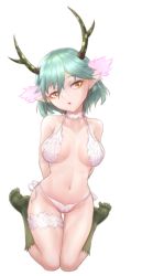 Rule 34 | 1girl, antlers, artoise, breasts, c (control), choker, fur, green hair, horns, lingerie, looking at viewer, pointy ears, q (control), short hair, simple background, solo, underwear, white background, yellow eyes