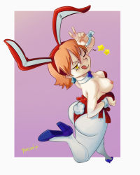 Rule 34 | 00s, 1girl, animal ears, ass, breasts, fake animal ears, flcl, gainax, haruhara haruko, highres, huge ass, nipples, one breast out, one eye closed, pink hair, playboy bunny, rabbit ears, solo, spicy bardo, tongue, tongue out, wink