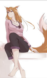 Rule 34 | 1girl, absurdres, animal ear fluff, animal ears, arms at sides, barefoot, black pants, breasts, brown eyes, brown hair, cleavage, closed mouth, commentary, crossed legs, feet, floating hair, foot out of frame, hair between eyes, highres, holo, jewelry, kean gindesgaard, knee up, long hair, looking afar, mature female, medium breasts, necklace, nose, pants, simple background, sitting, smile, solo, spice and wolf, split mouth, straight hair, tail, toes, tsurime, white background, wolf ears, wolf girl, wolf tail