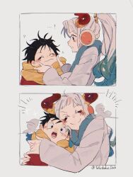 Rule 34 | 1boy, 1girl, 2koma, black hair, blush, comic, curled horns, highres, horns, hug, long hair, looking at viewer, monkey d. luffy, multicolored hair, multicolored horns, one piece, ponytail, scarf, smile, telushake opnk, white hair, winter clothes, yamato (one piece)