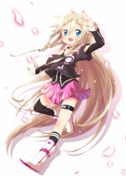 Rule 34 | 1girl, asymmetrical legwear, ayakashi (monkeypanch), bad id, bad pixiv id, bare shoulders, blonde hair, blue eyes, boots, braid, choker, female focus, full body, highres, ia (vocaloid), long hair, looking at viewer, mismatched legwear, open mouth, petals, pink skirt, pleated skirt, shoes, simple background, single sock, single thighhigh, skirt, smile, socks, solo, striped clothes, striped socks, thigh strap, thighhighs, twin braids, uneven legwear, very long hair, vocaloid, white background, white footwear