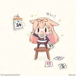 Rule 34 | 1girl, :d, beige background, black pantyhose, black ribbon, black serafuku, black shirt, black skirt, blush, calendar (object), chibi, commentary request, fang, hair flaps, hair ornament, hair ribbon, hairclip, kantai collection, light brown hair, long hair, long sleeves, momoniku (taretare-13), neckerchief, open mouth, pantyhose, pleated skirt, pointing, red neckerchief, ribbon, scarf, school uniform, serafuku, shirt, simple background, skirt, smile, solid oval eyes, sparkle, standing, stool, the yuudachi-like creature, translation request, twitter username, very long hair, white scarf, yuudachi (kancolle)